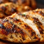 Juicy air fryer grilled chicken served with fresh herbs and vegetables