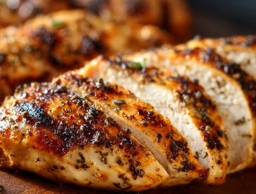 Juicy air fryer grilled chicken served with fresh herbs and vegetables