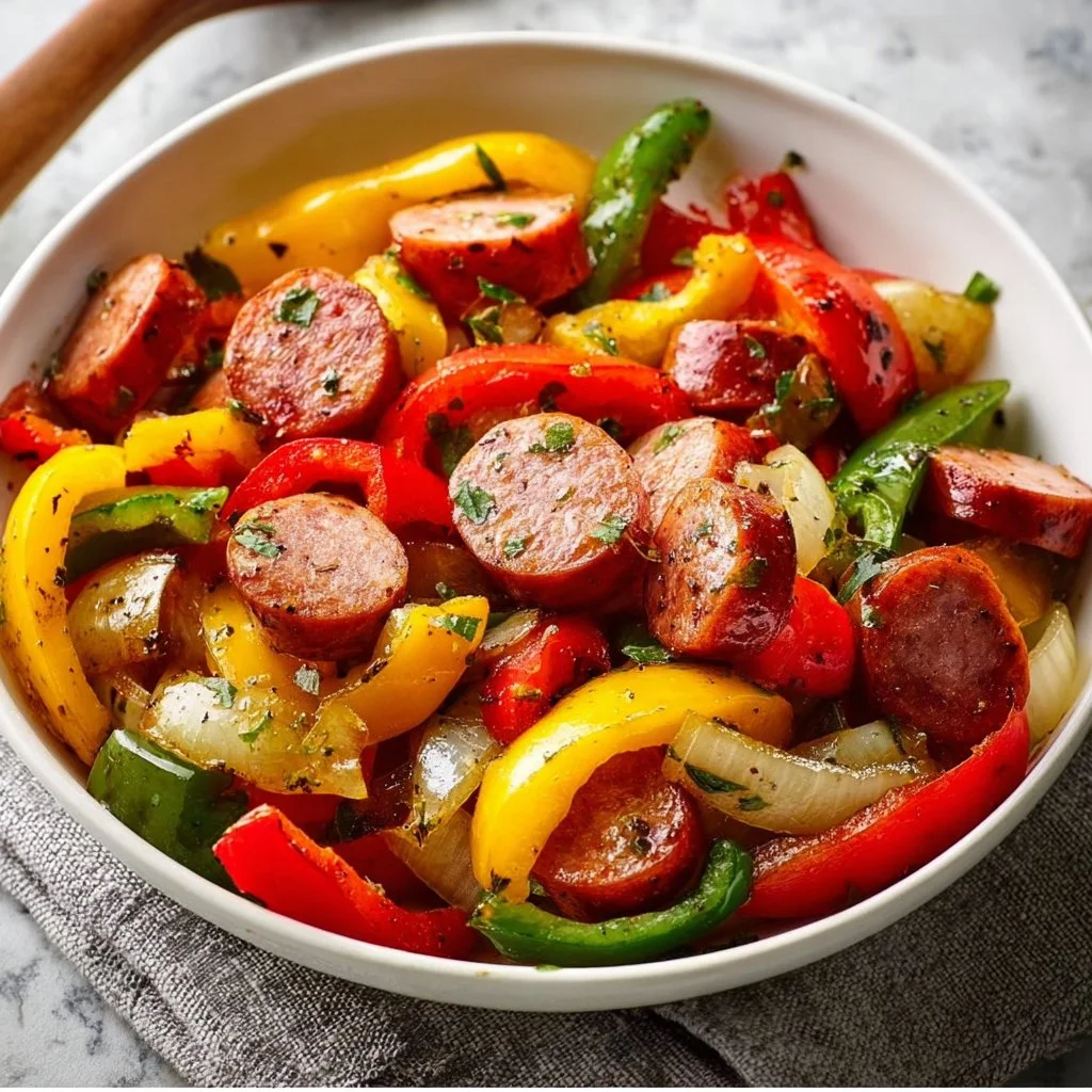 Air fryer sausage and peppers dish with vibrant vegetables