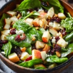 A delicious Apple Almond Feta Spinach Salad topped with sliced apples and crumbled feta.