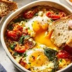 Delicious baked feta eggs served in a dish with herbs and spices.