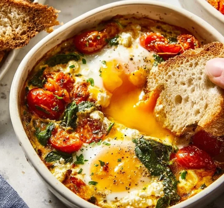 Delicious baked feta eggs served in a dish with herbs and spices.