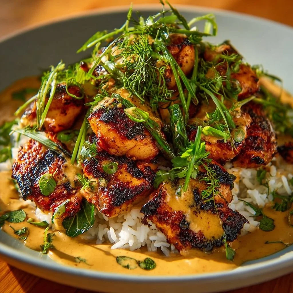Delicious Bang Bang Chicken Bowl topped with spicy sauce and fresh vegetables