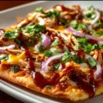 BBQ Chicken Flatbread topped with fresh herbs and sauce
