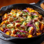 BBQ chicken sweet potato skillet cooked in a cast iron pan.