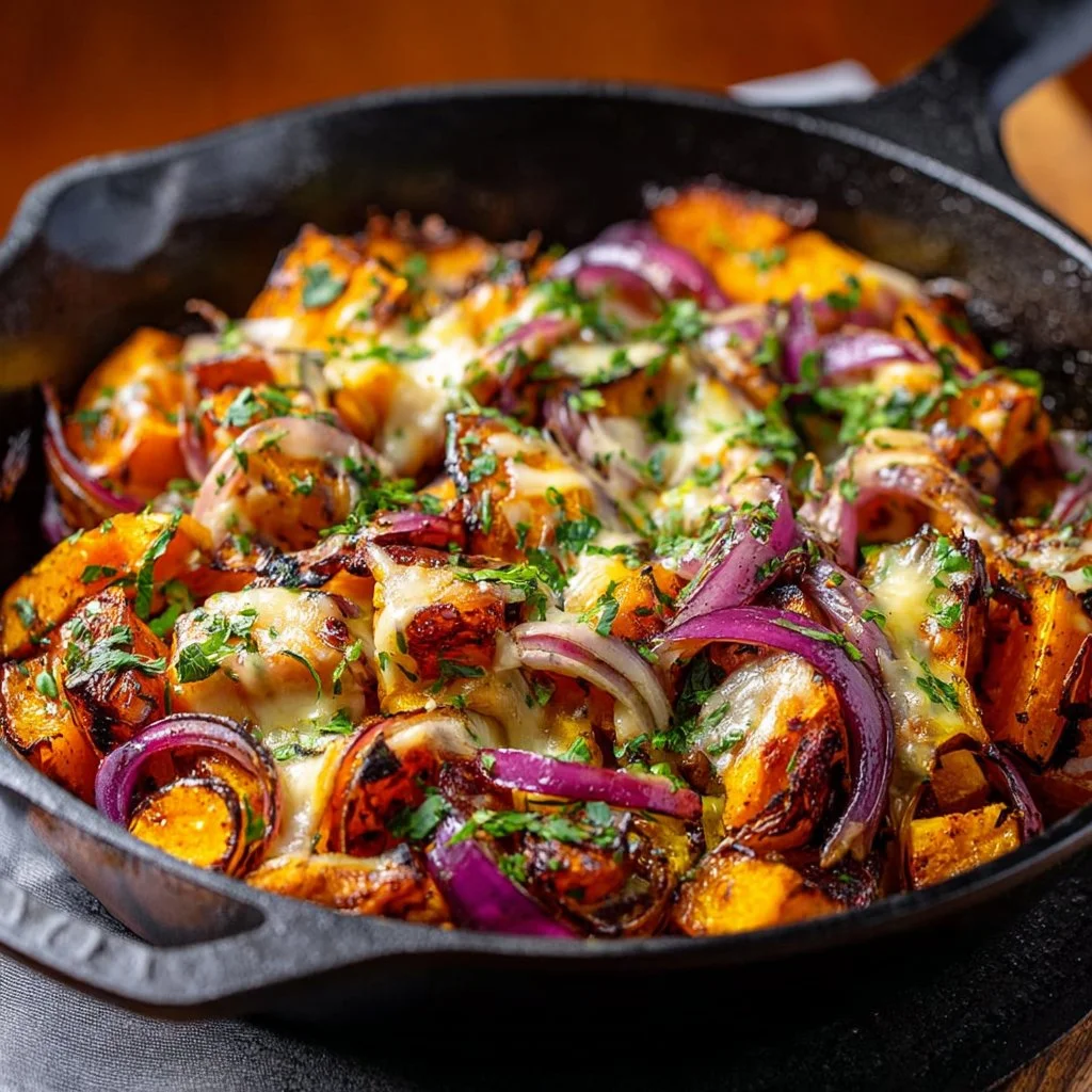 BBQ chicken sweet potato skillet cooked in a cast iron pan.