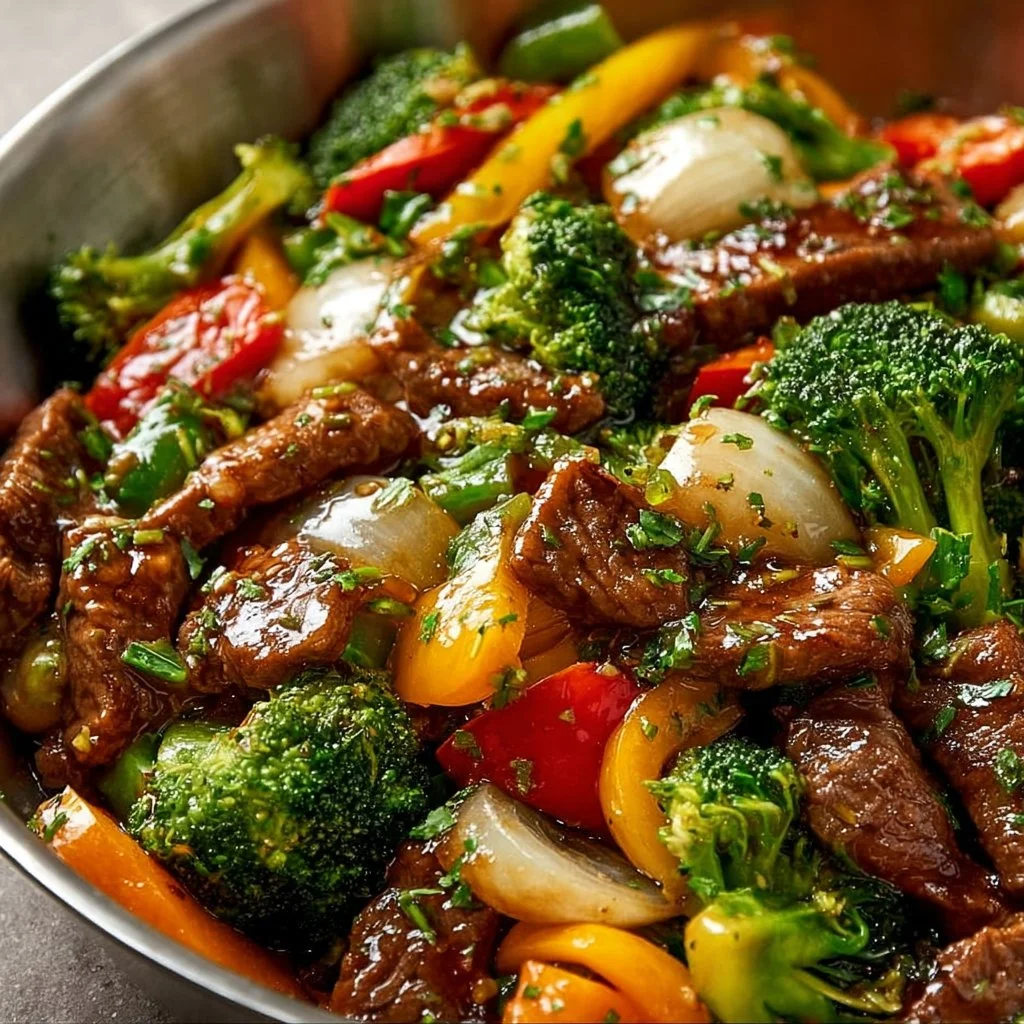 A colorful Beef Stir Fry with fresh vegetables in a savory sauce.