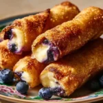 Blueberry Cream Cheese Egg Rolls served on a plate, crispy and delectable dessert.