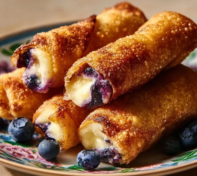 Blueberry Cream Cheese Egg Rolls served on a plate, crispy and delectable dessert.