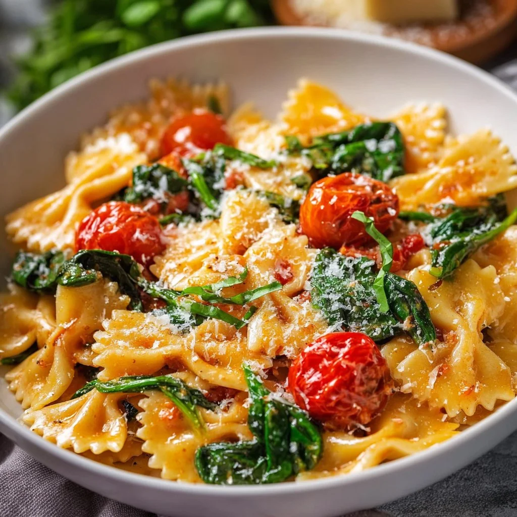 Bow-tie pasta tossed with tomato sauce and fresh spinach