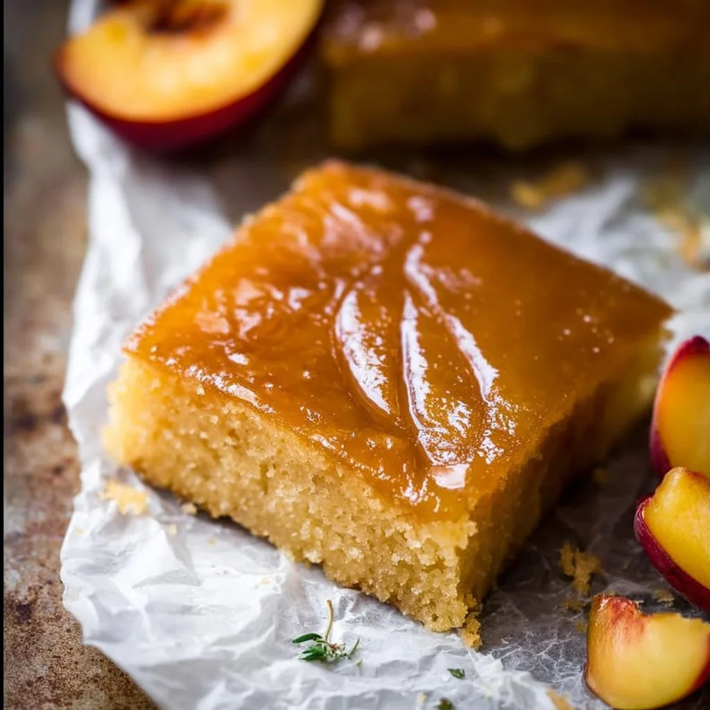 Slice of brown sugar peach cake with fresh peaches and brown sugar topping.
