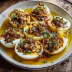 Cajun boiled eggs with spicy garlic butter sauce served on a plate