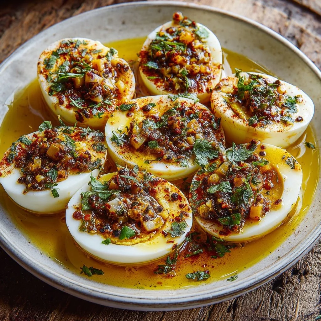 Cajun boiled eggs with spicy garlic butter sauce served on a plate