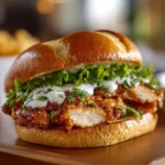 Delicious Cajun Crispy Chicken Sandwich topped with creamy Garlic Aioli