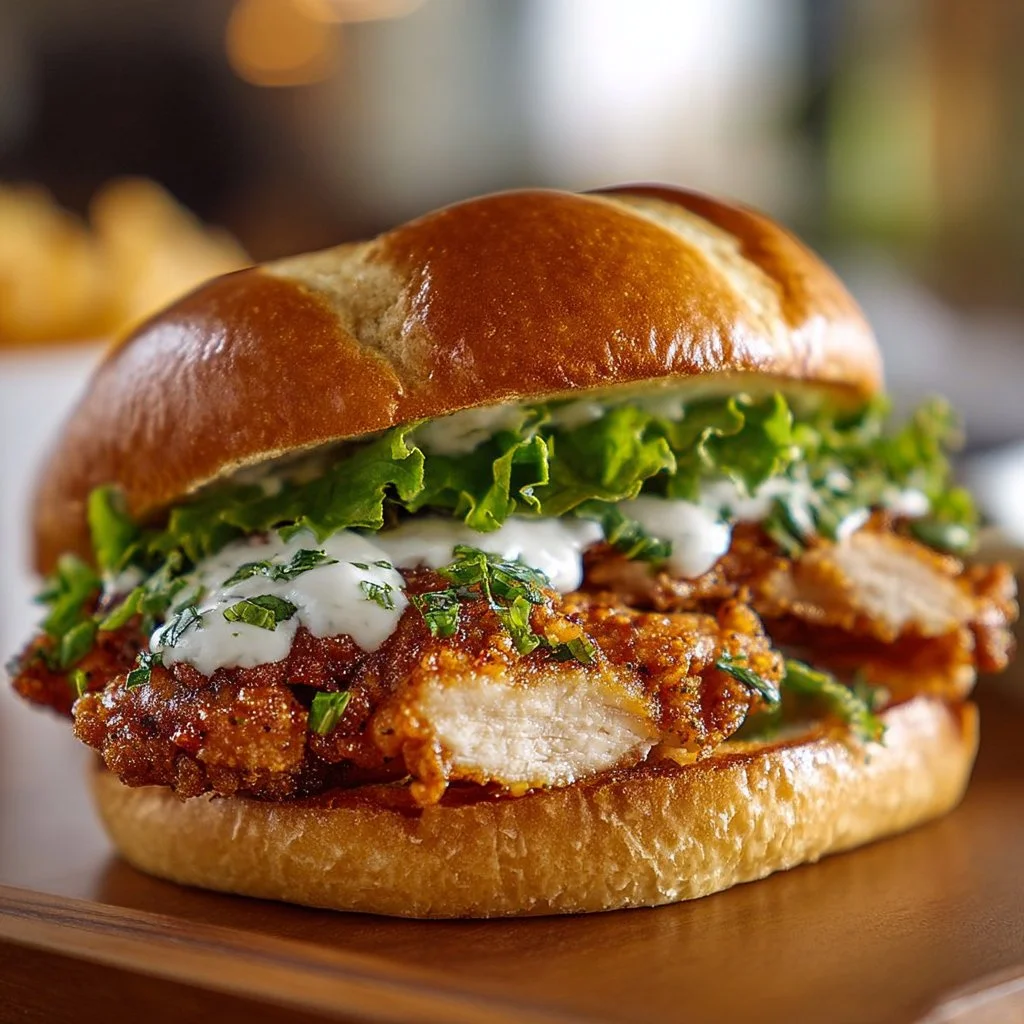 Delicious Cajun Crispy Chicken Sandwich topped with creamy Garlic Aioli