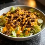 Delicious cheeseburger bowl topped with tangy sauce and fresh ingredients