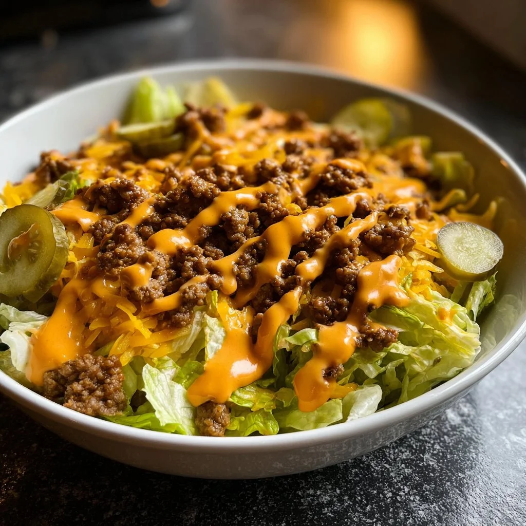 Delicious cheeseburger bowl topped with tangy sauce and fresh ingredients