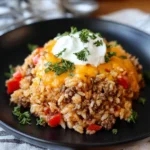 Cheesy taco rice dish topped with cheese and fresh ingredients.