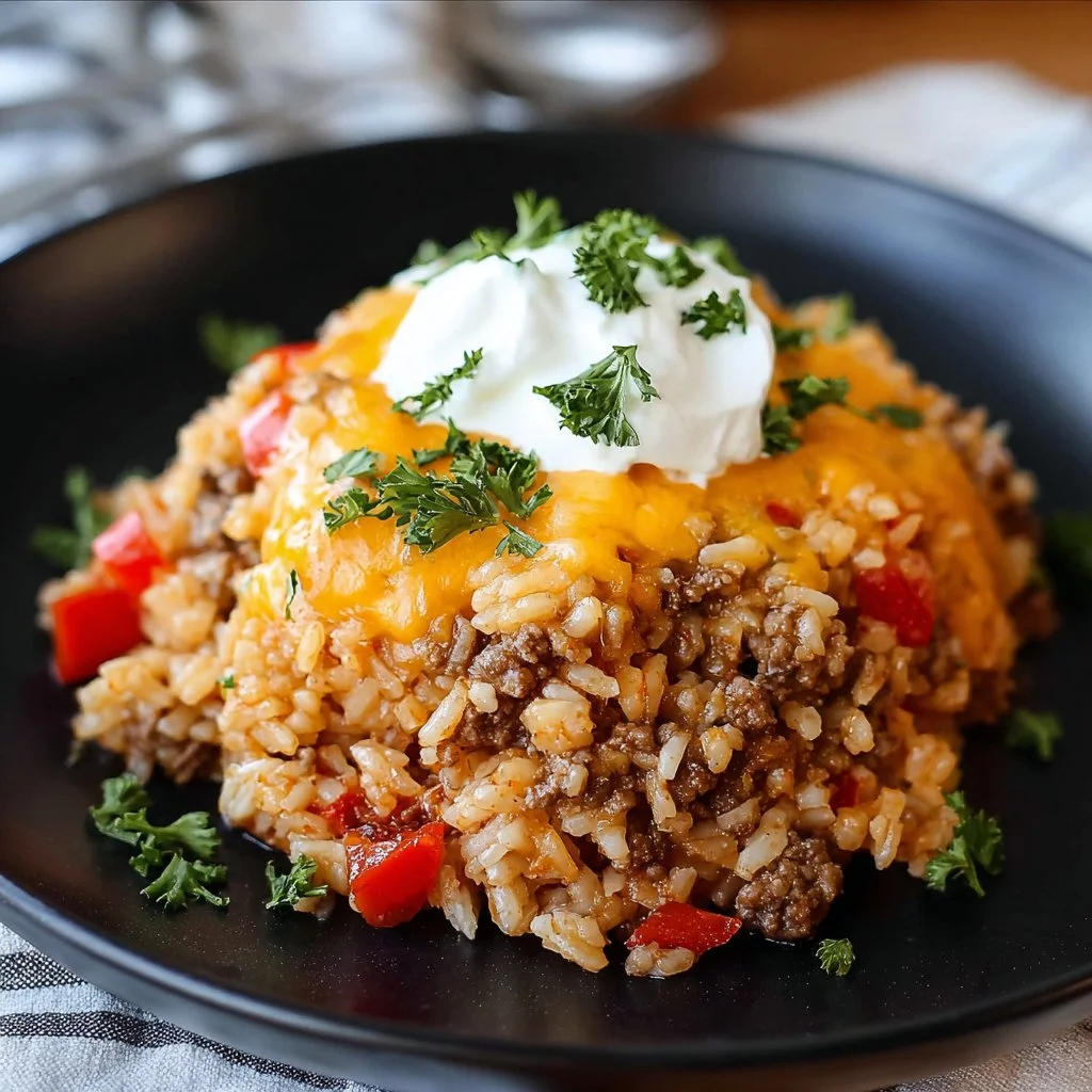 Cheesy taco rice dish topped with cheese and fresh ingredients.