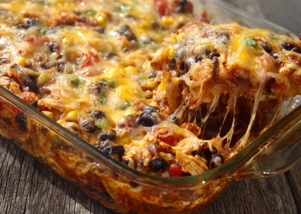 Savory Chicken Enchilada Bake Casserole topped with cheese and cilantro