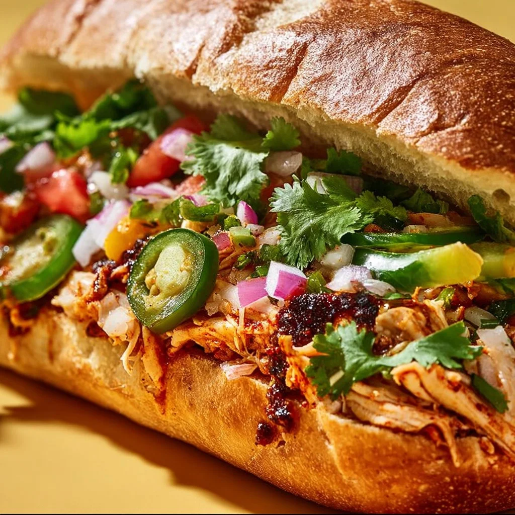 Delicious Chicken Torta Sandwich loaded with tender chicken and fresh toppings