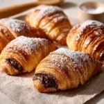 Freshly baked chocolate croissant with melted chocolate filling