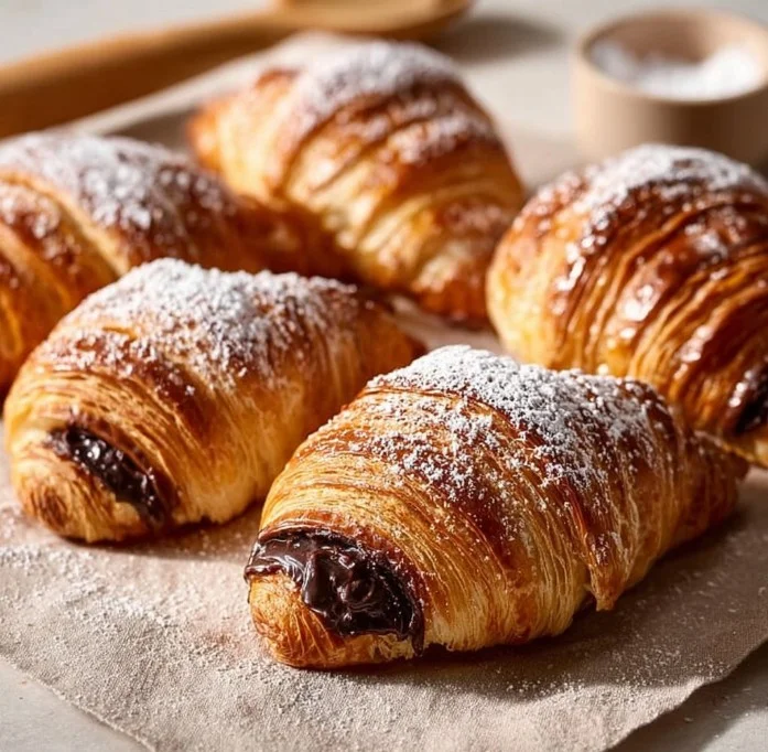 Freshly baked chocolate croissant with melted chocolate filling