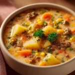 Bowl of classic ground beef potato soup garnished with herbs