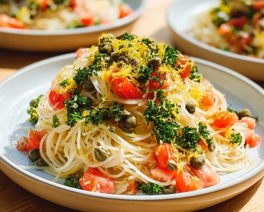 Cool and refreshing pasta salad with colorful vegetables and dressing
