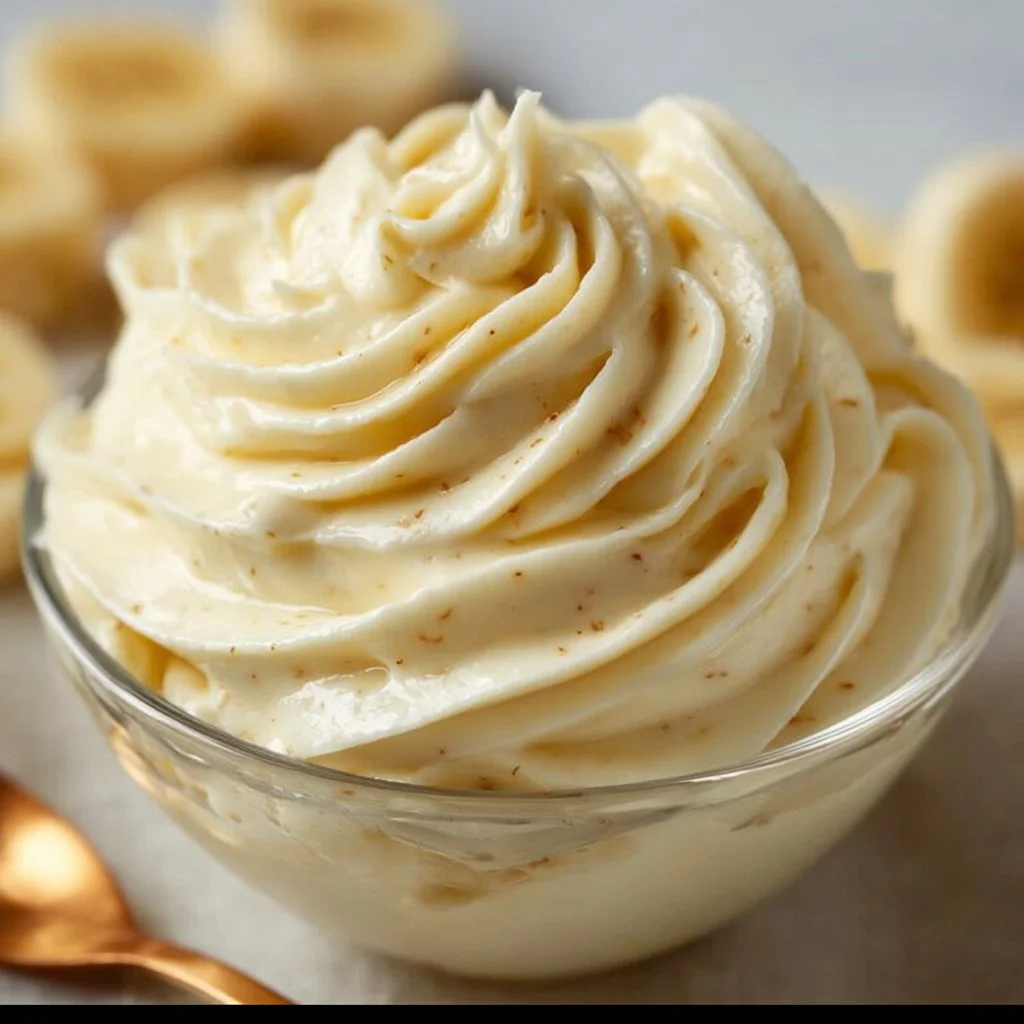 Delicious cottage cheese banana pudding in a glass bowl topped with banana slices.