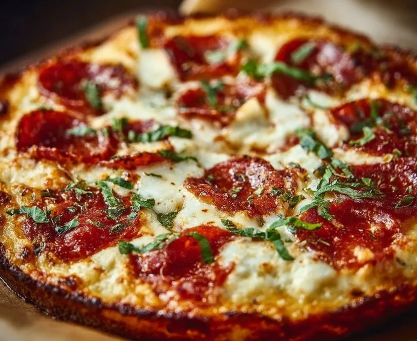 Cottage Cheese Pizza Bowl topped with fresh vegetables and herbs