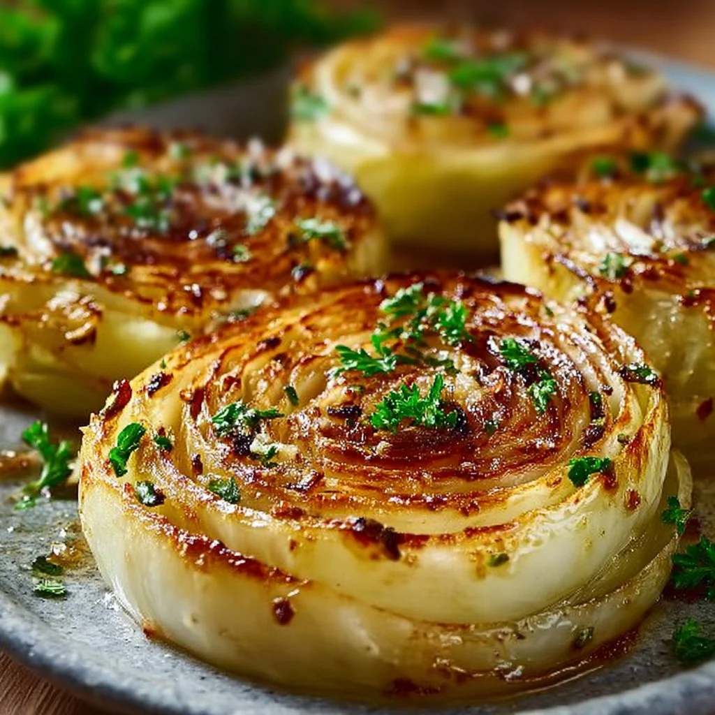 Delicious garlic butter roasted cabbage steaks on a platter