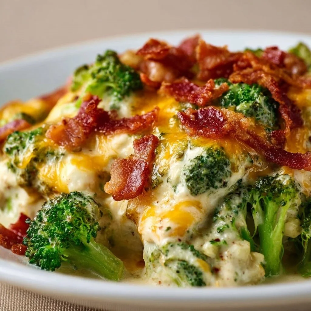 Creamy chicken broccoli casserole topped with melted cheese and breadcrumbs