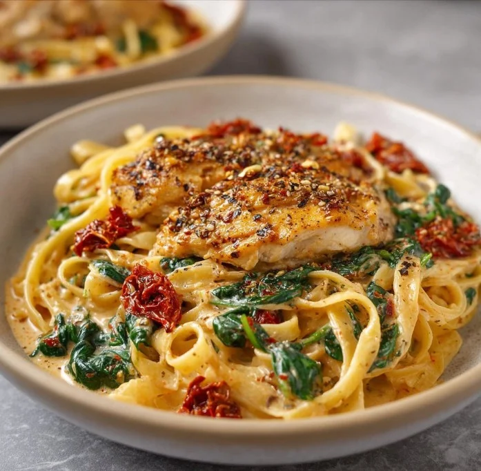 Creamy chicken dish with sun-dried tomatoes and pasta in a bowl