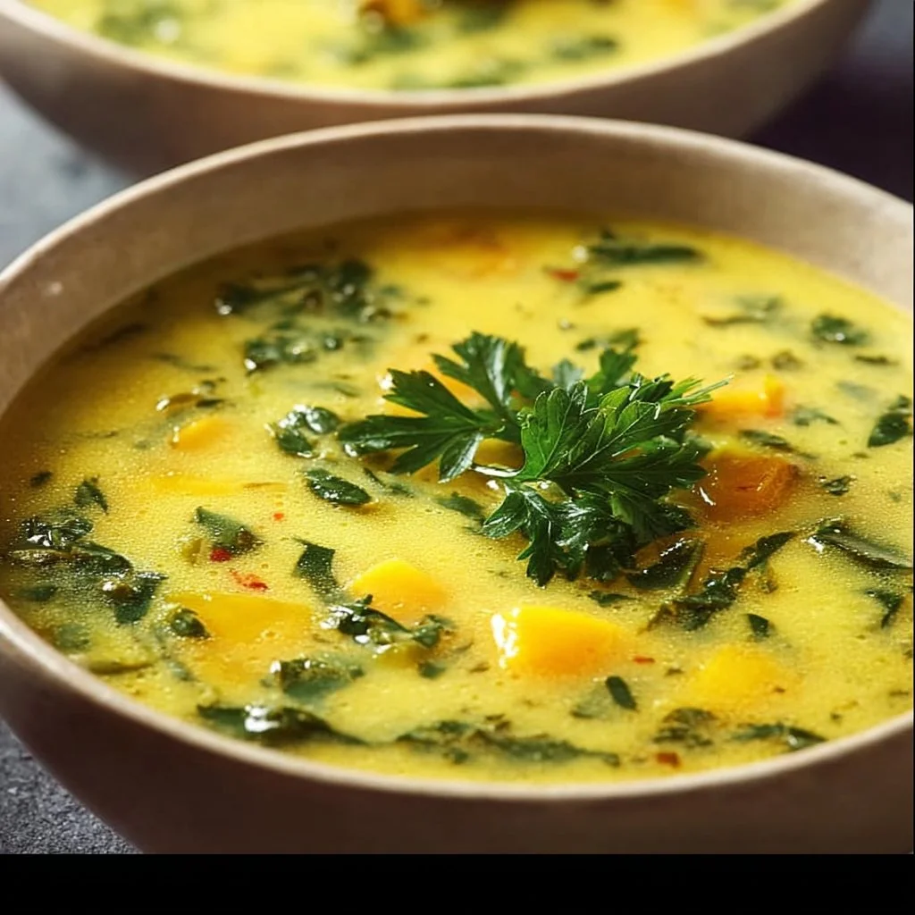 Creamy dandelion greens soup in a bowl with fresh herbs on top