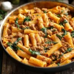 Creamy sausage rigatoni with spinach served in a bowl.