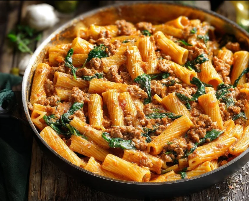 Creamy sausage rigatoni with spinach served in a bowl.