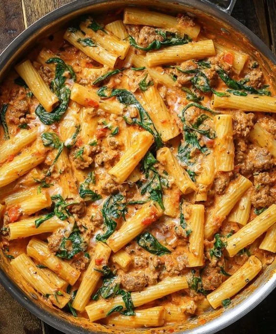 Creamy Sausage Rigatoni with Spinach, Garlic, and Tomato Cream Sauce