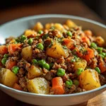 Slow cooker hamburger hash served in a bowl with fresh herbs and spices.