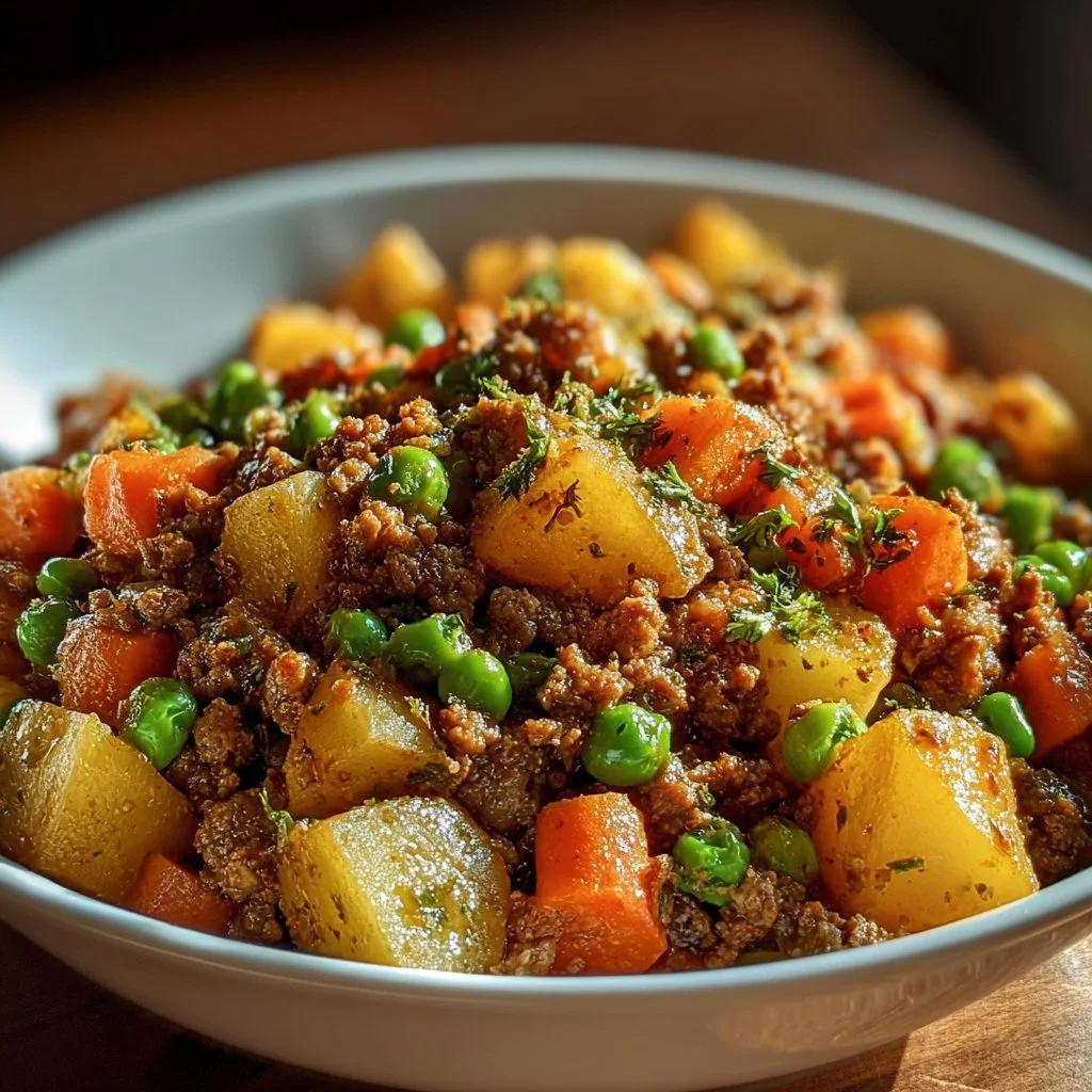 Slow cooker hamburger hash served in a bowl with fresh herbs and spices.