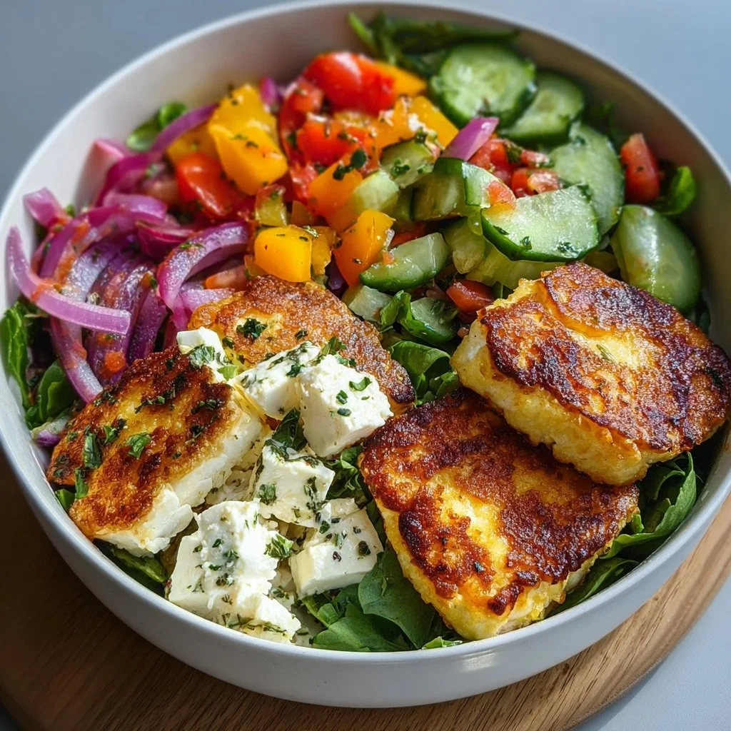 Crispy Halloumi Salad Bowl with fresh vegetables and dressing
