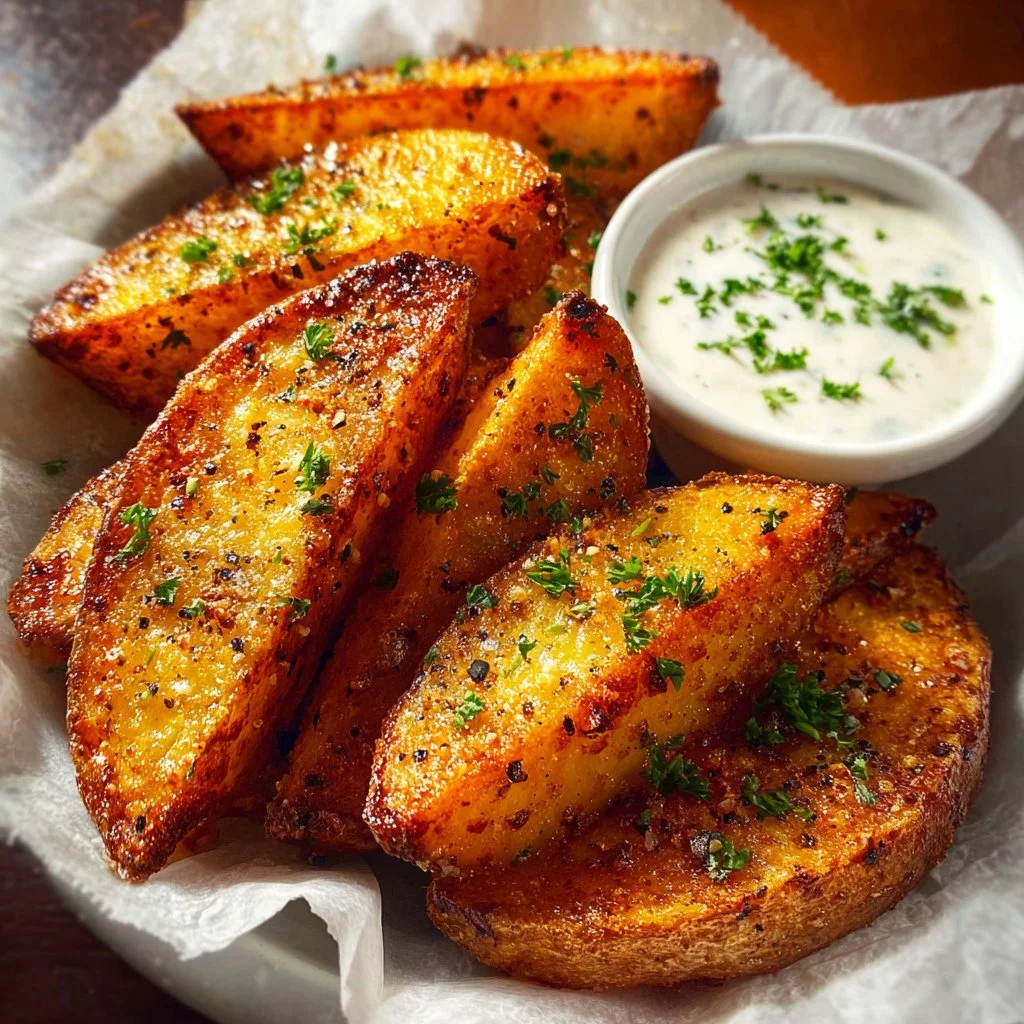 Crispy potato wedges served with dipping sauce on a plate