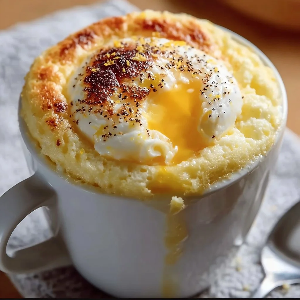 Delicious and easy mug cake dessert recipe in a ceramic mug