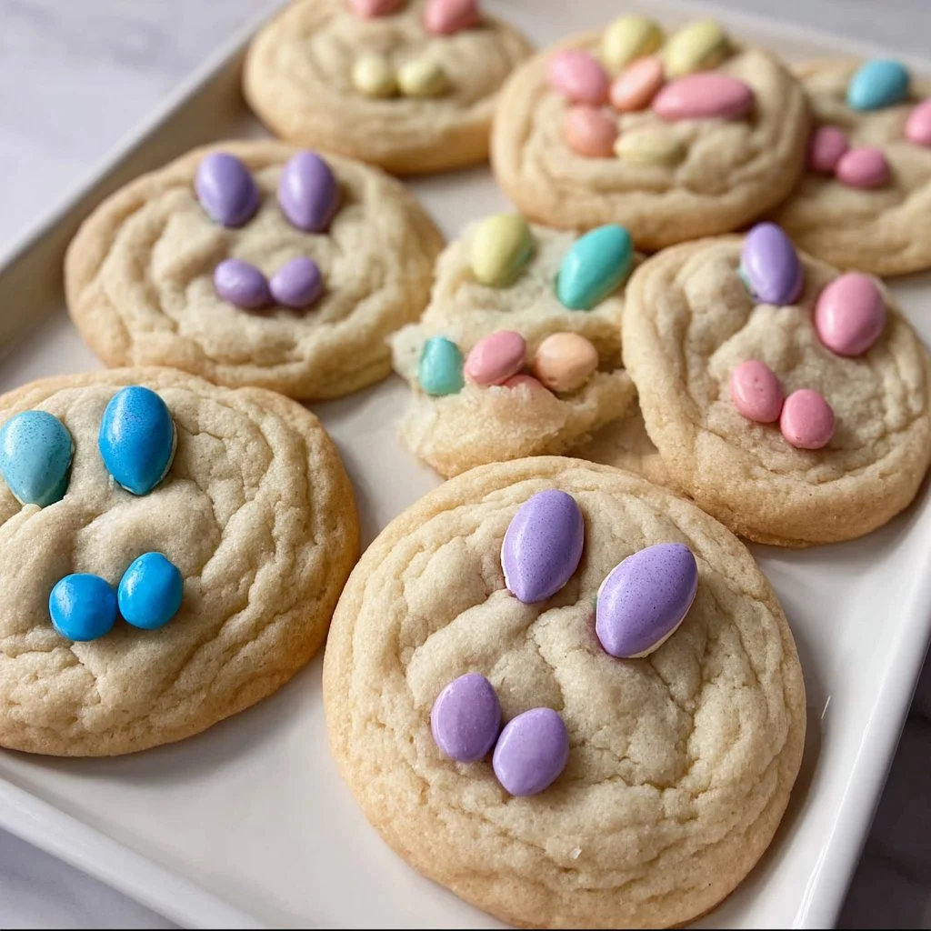 Colorful Easter M&M cookies on a white plate for spring celebrations