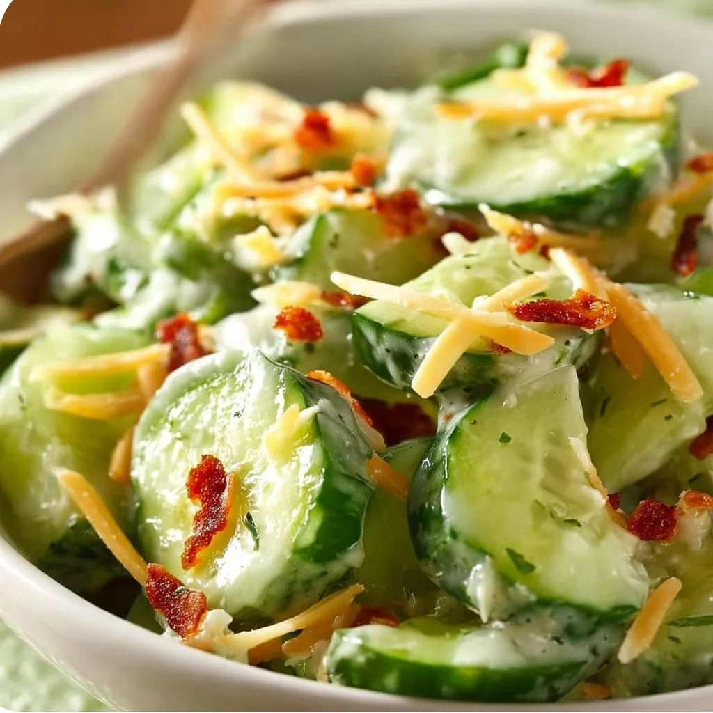 Creamy cucumber bacon salad in a bowl with fresh ingredients