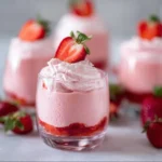 Delicious easy fresh strawberry mousse topped with strawberries in a glass dish