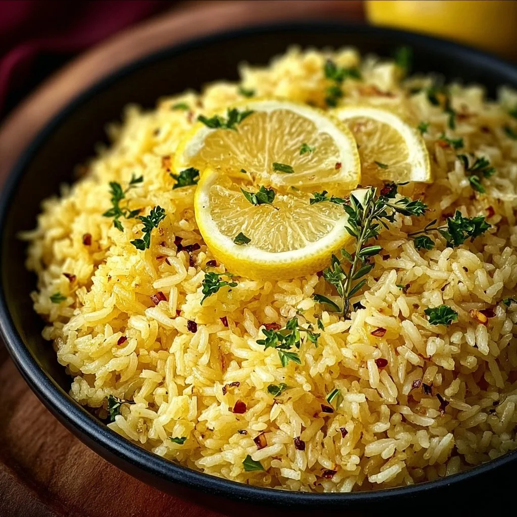 Bowl of easy Greek lemon rice garnished with lemon slices and parsley