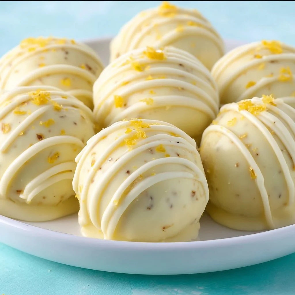 No-bake lemon truffles on a plate garnished with lemon zest.