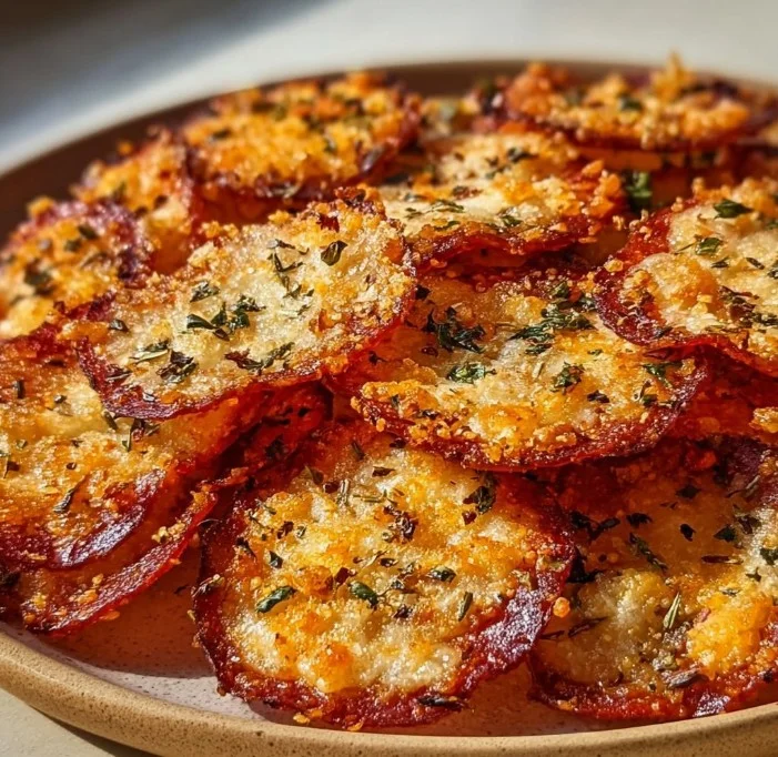 Plate of homemade pepperoni cheese crisps served as a savory snack.