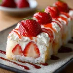 Easy Strawberry Shortcake Sushi dessert rolls with fresh strawberries and whipped cream.